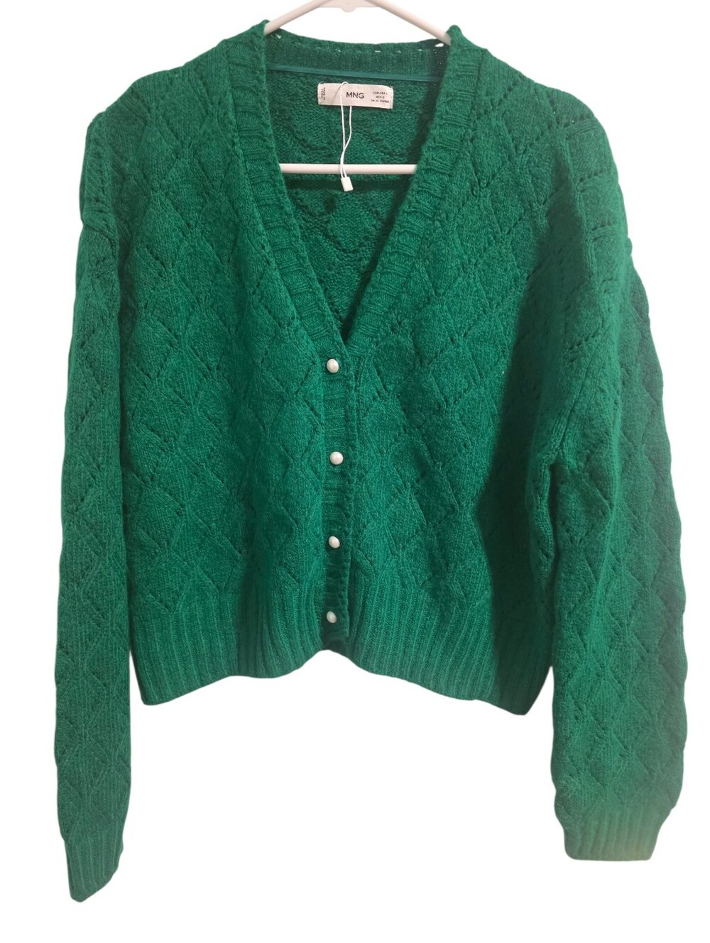 MNG V-Neck Preppy Cardigan Sweater Faux Pearl Buttons Green Size L EUC Academia